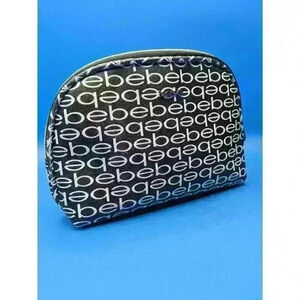 Bebe Cosmetic Makeup Travel Bag Black & Silver with Zipper Toiletry Bag